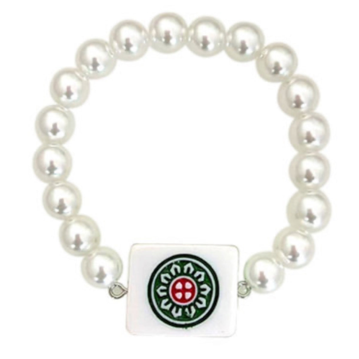A white pearl-bead bracelet with a rectangular white mahjong tile charm printed with a green and red circular flower design.