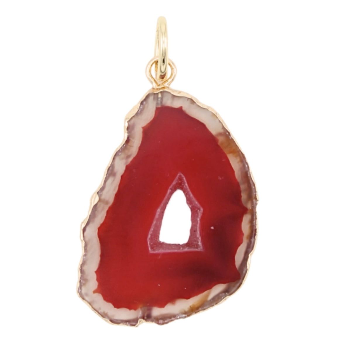 Red agate slice necklace charm with a gold-trimmed cutout