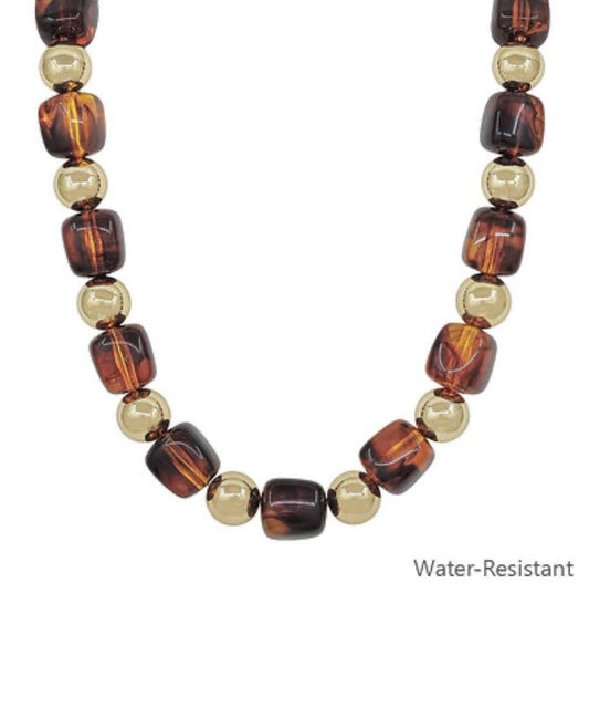 16mm Square Bead & CCB Necklace in brown resin