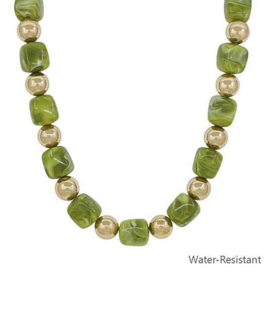 16mm Square Bead & CCB Necklace in olive resin
