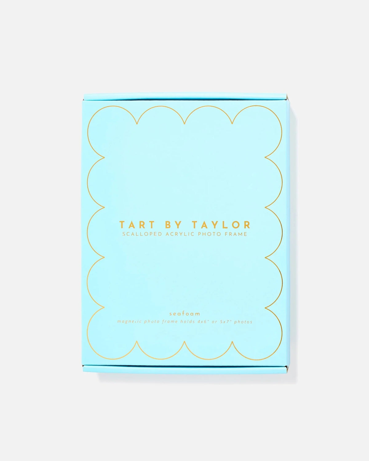 Seafoam scalloped acrylic photo frame packaging box with gold scalloped border