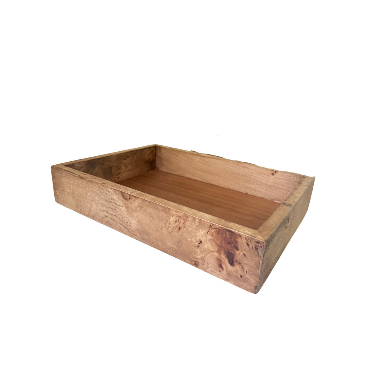 Side view of a rectangular wood tray with a mahogany-tone interior and a natural burl-wood border.