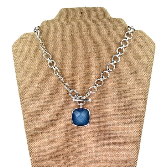 Silver Toggle Necklace in blue, square-cut stone pendant with plaid pattern