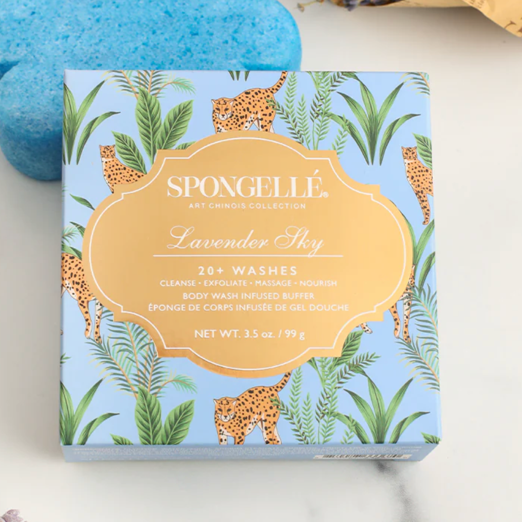 Spongelle soap packaging with blue sponge and leopard print design on a light background