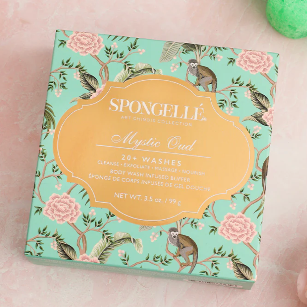 Spongellé product packaging with floral design on a light pink background