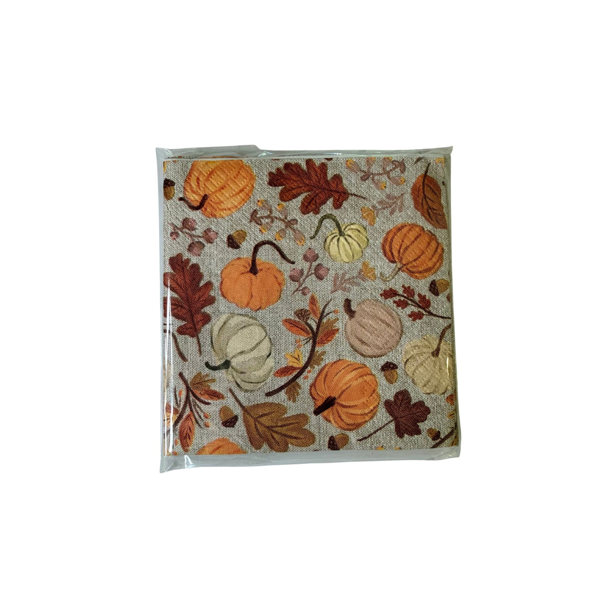 Square cocktail napkin printed with autumn leaves, pumpkins, and gourds
