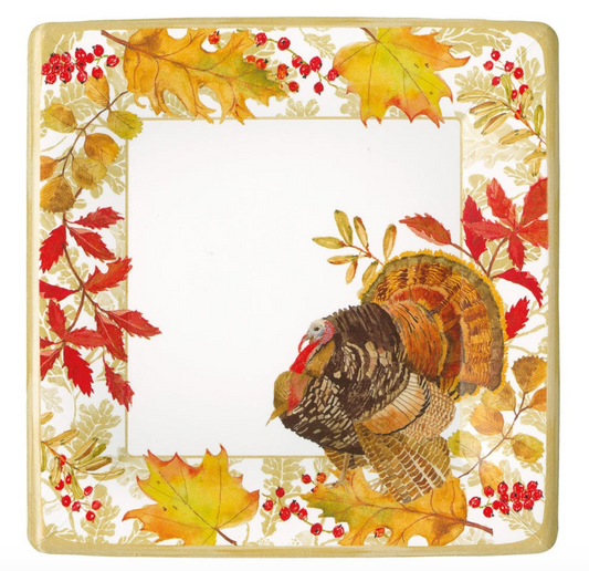 Square paper dinner plates with woodland turkey print, set of 8