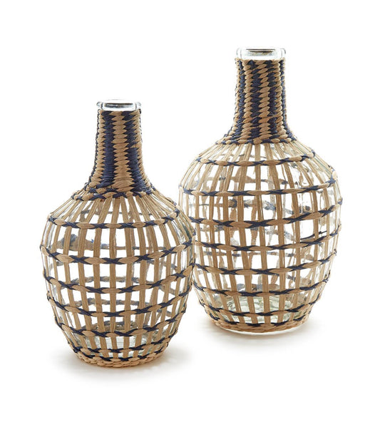 Straw wrapped fluted glass vase with vertical ribbing