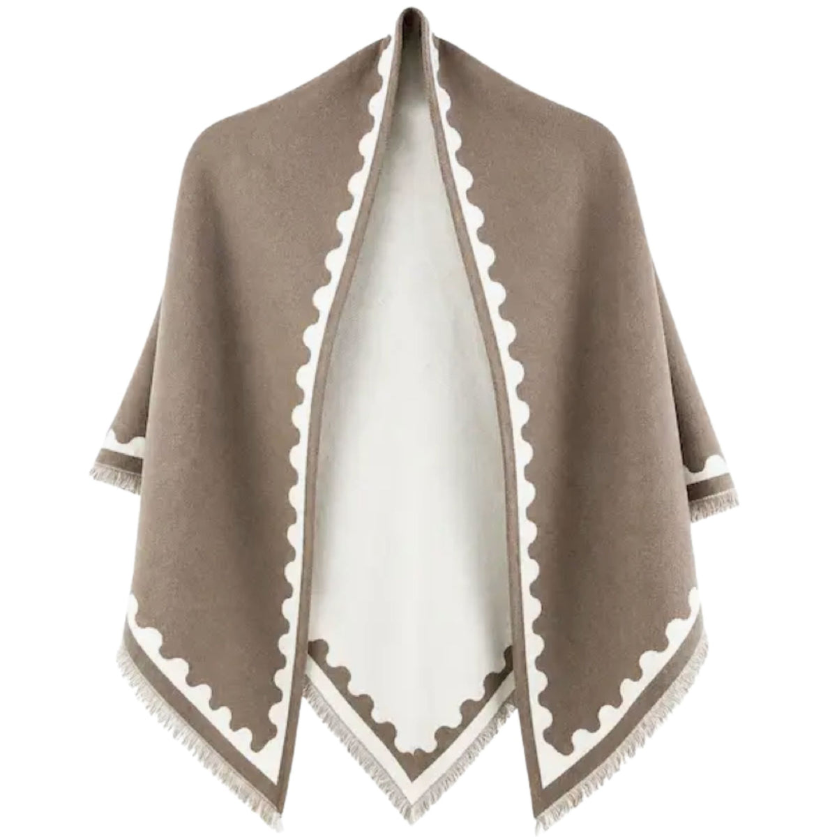 A taupe-brown triangle wrap with scalloped edge trim and a cream inner lining, shown on a plain white background.