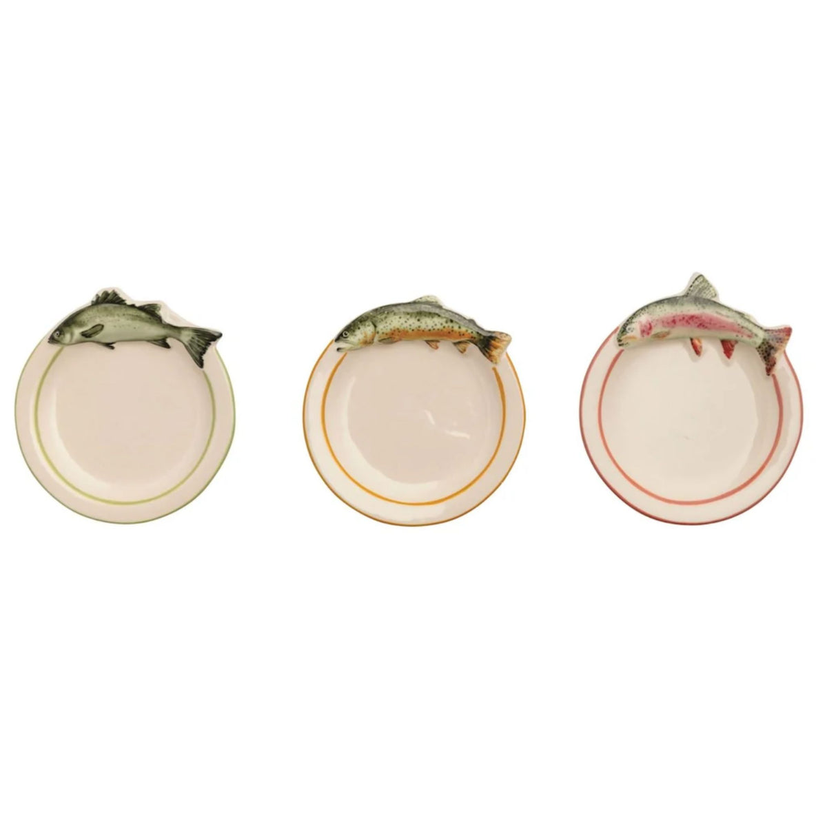 Three stoneware trinket dishes with hand-painted trout in green, mustard, and coral colorways, arranged side by side.