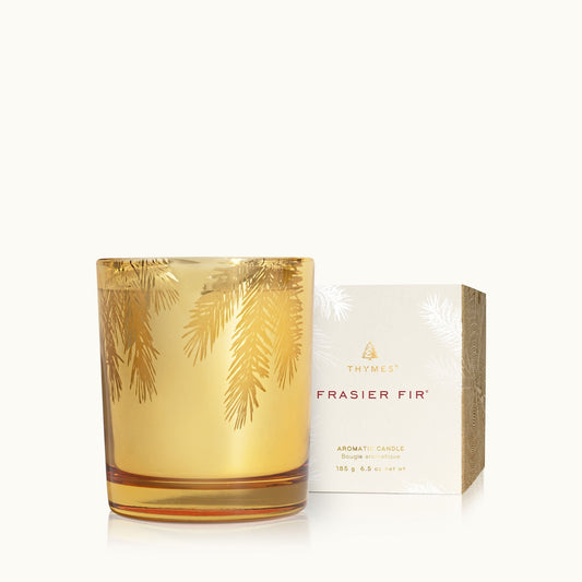Frasier Fir gilded gold poured candle, pine needle etched glass