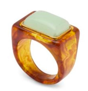 Tortoise-pattern resin ring with a square pale aqua stone in a gold-tone bezel