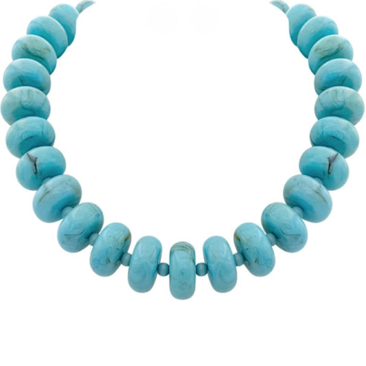 A single-strand necklace of chunky turquoise-blue beads with dark marbling, separated by small round spacer beads.