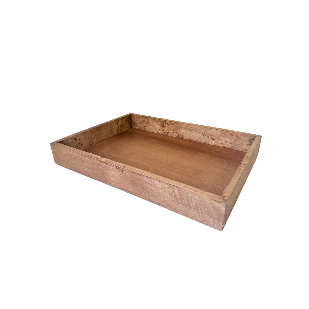 Two rectangular wood trays with mahogany-tone interiors, nested together in small and large sizes.
