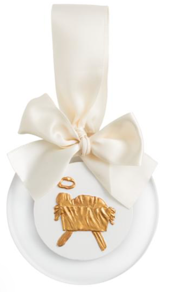 White ceramic round ornament with a cream ribbon bow and a gold lamb charm