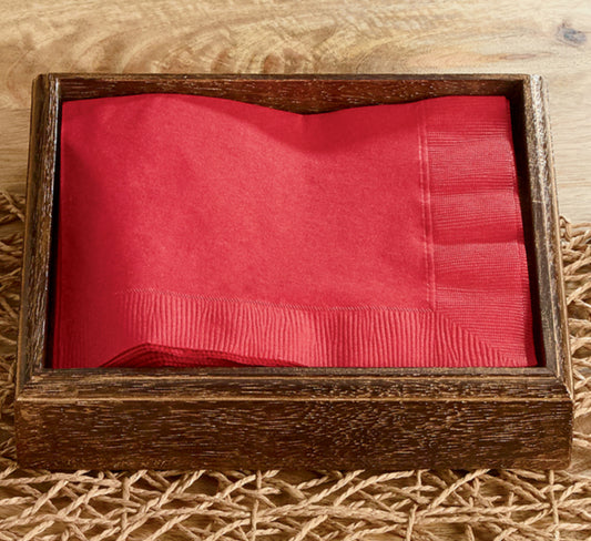 Wood napkin box sized to hold a full package of luncheon napkins