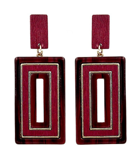 Burgundy Wood and Acetate Rectangle Earrings, burgundy rectangle drop framed in wood